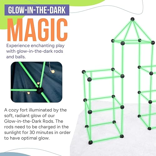 Miniatura 3 de INDOORSY Kit de construcción de fuerte que brilla en la oscuridad, kit de 100 piezas para niños de 4 a 8 años, bolsa de almacenamiento, luces y caja
