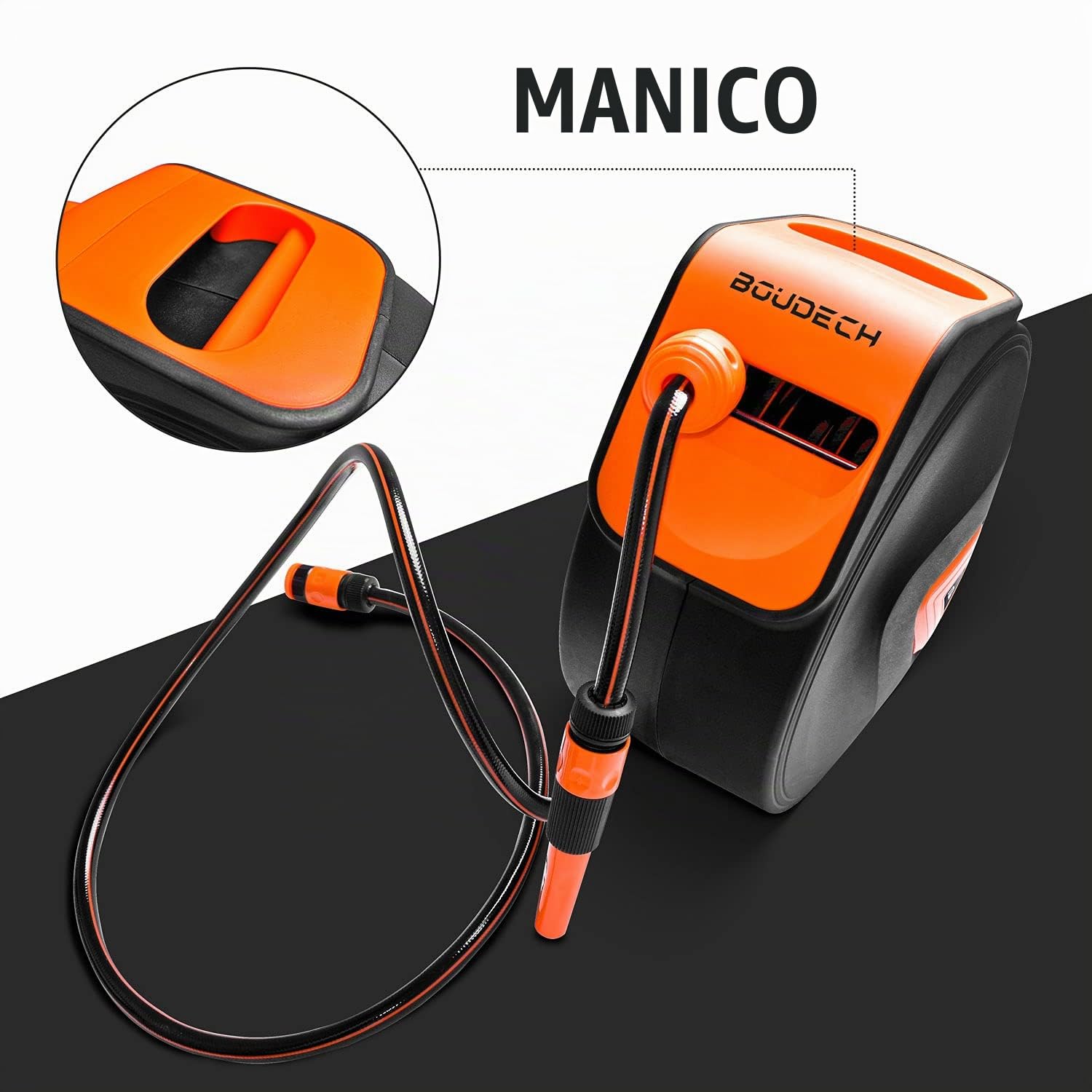 BOUDECH® KAI 20 - Avvolgitubo Automatico per Giardino Acqua Girevole ed Autoavvolgente Montaggio a Parete (20+1MT)