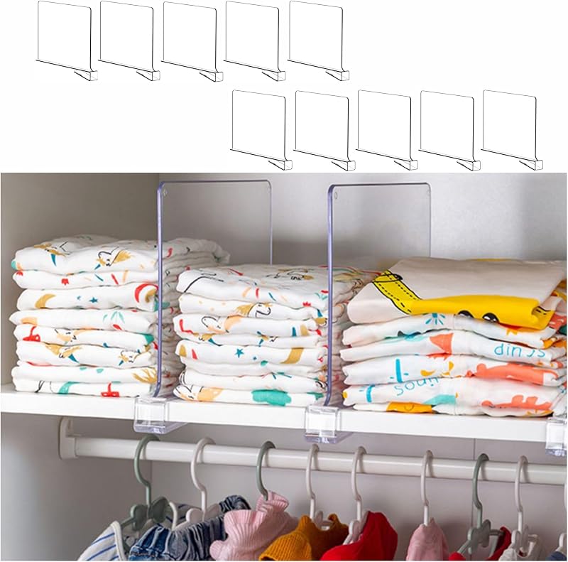 10 Pack Clear Acrylic Shelf Divider for Closet Organization - 9.2″ Tall Closet Dividers for Wood Shelves,Cupboard,Vertical Shelf Separators in Closet for T-Shirt,Purse,Handbag,Sweater Organizer
