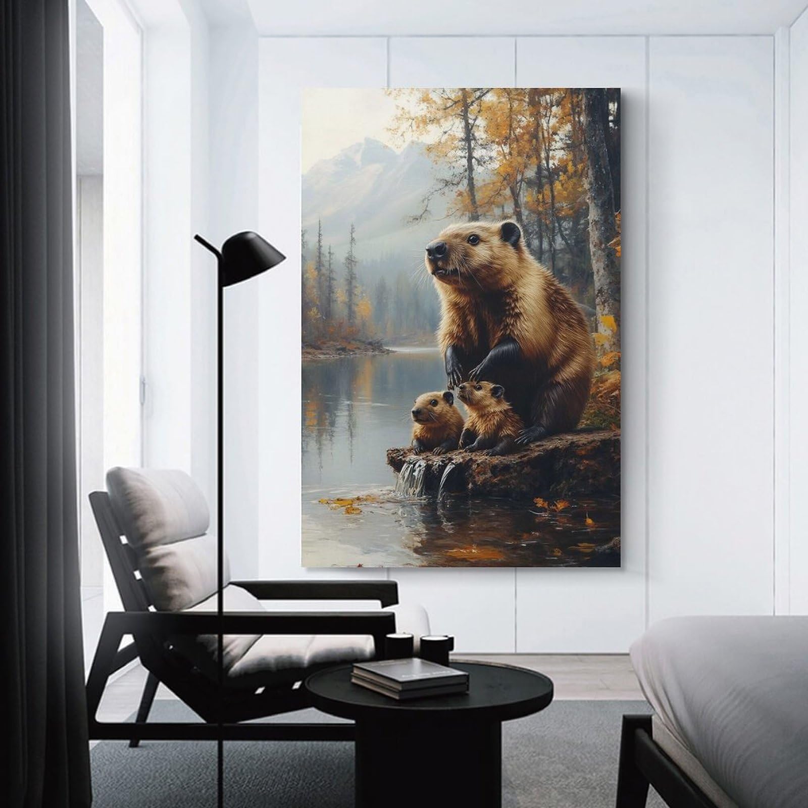 Junmoney Unframe-Style-21-1 Beaver Family By The Autumn Lake Decorative Wall Artwork, 08X12inch(20X30cm), For Corridors, Hallways Or Apartment Entries, Home Artwork For First Impressions