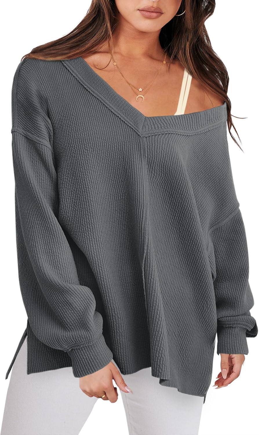 ANRABESS Oversized Long Sleeve Shirts for Women Off the Shoulder Sweatshirt Loose V Neck Tunic Tops High Low Sweater 2025
