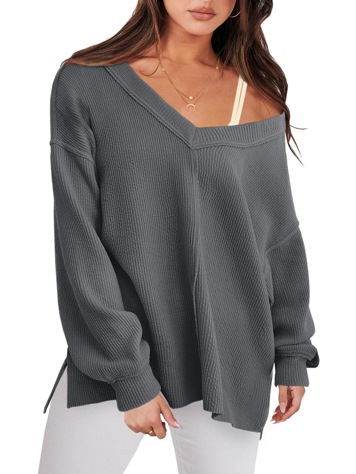ANRABESS Oversized Long Sleeve Shirts for Women Off the Shoulder Sweatshirt Loose V Neck Tunic Tops High Low Sweater 2026