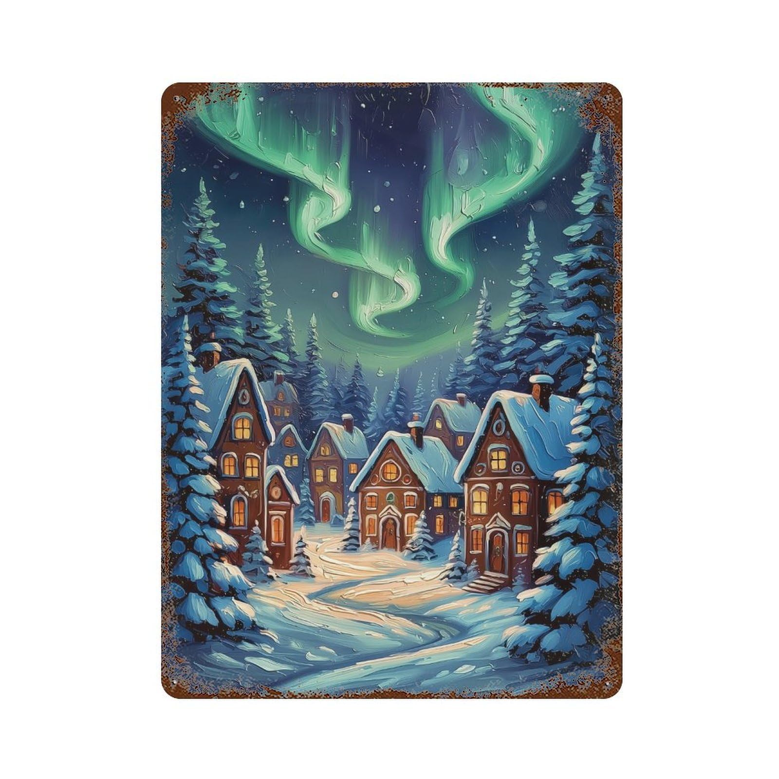 Retro Metal Sign with Snowy Village Aurora Night Design 15.7"x11.8", for Shed, Workshop And Garage Wall Decor, Old School Wall Decor