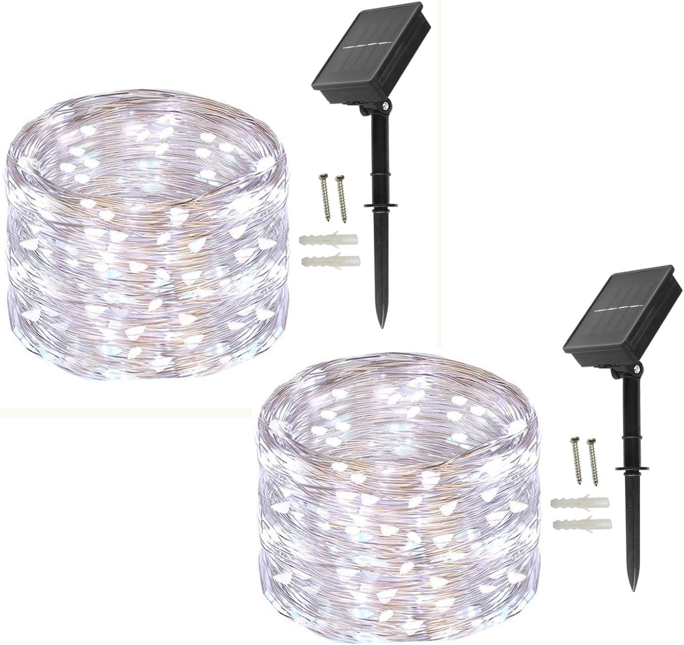 BXROIU Solar Fairy Lights Outdoor, [2 Pack] 100 LEDs Fairy Lights Outside Solar 10 Meters 8 Mode String Lights for Wedding, Party and Christmas, Garden Decoration (Cool White)