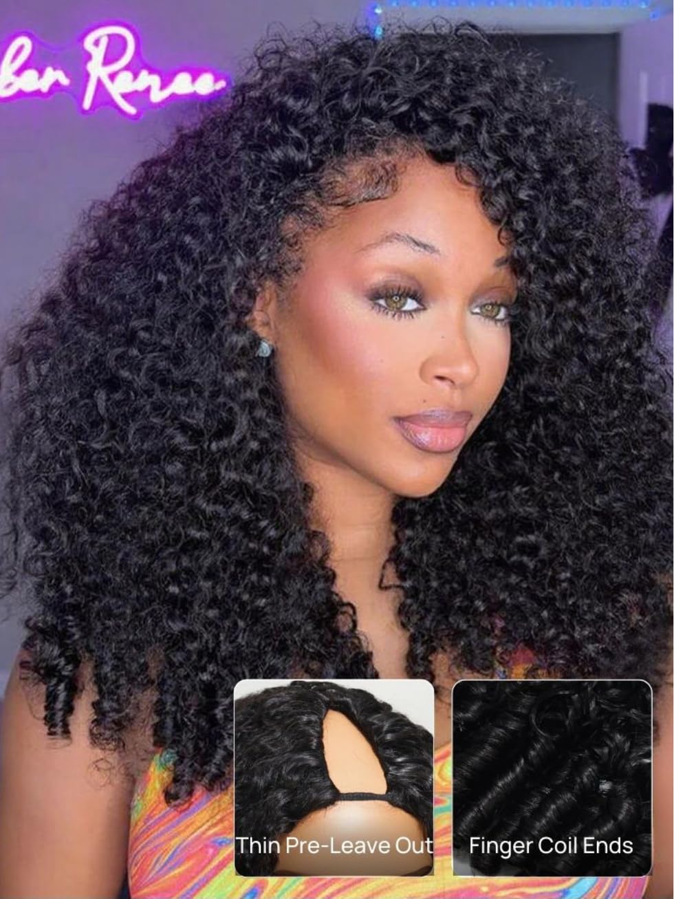 UNICE InvisiBlend Burmese Curly V Part Wig Human Hair With Finger Coil Ends Thin Leave Out Vpart Drawstring Wig No Glue No Sew In Black Color 150% Density 22 inch