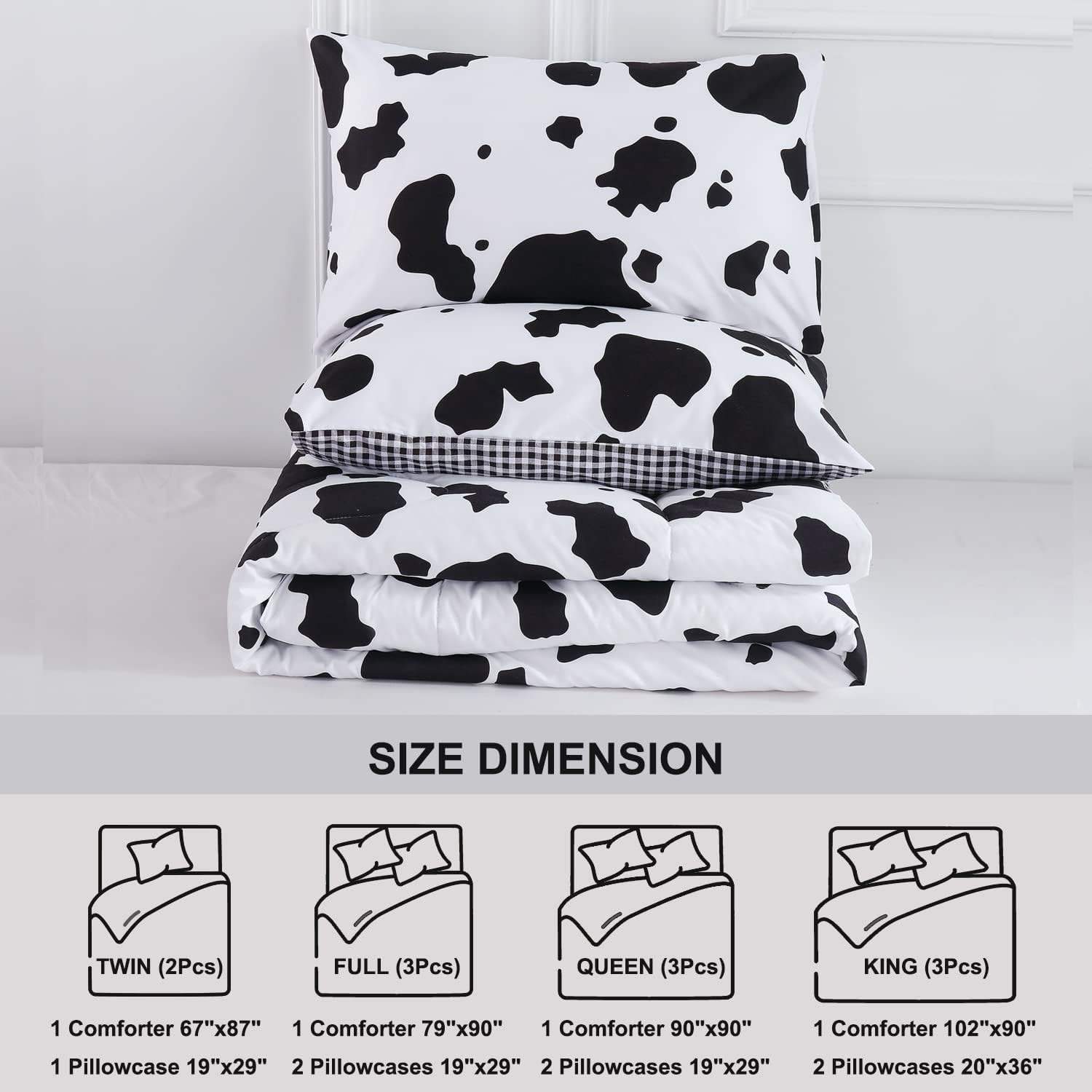 PERFEMET Cow Print Bedding Comforter Set Queen Size Black and White Reversible Geometric Checkered Bedding Set for Kids Teens Boys Girls Rustic Animal Cowhide Pattern Bed Quilt Set - Image 8