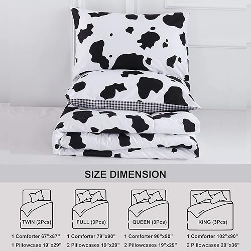 Miniatura 8 de PERFEMET Juego de edredón individual con estampado de vaca para niños, 3 piezas, color negro y blanco, juego de ropa de cama reversible a cuadros