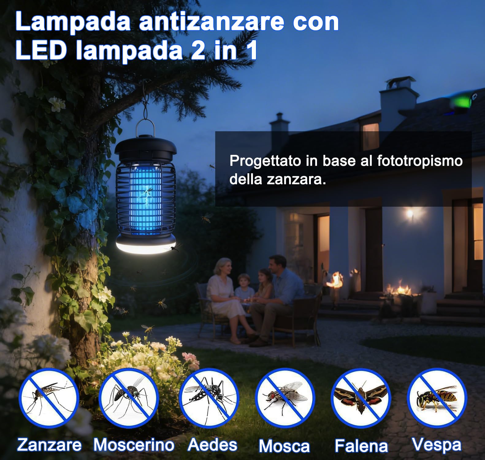 lampada antizanzare elettrica Cable de 3m, 4200V 15W UV Zanzariera Elettrica con 9W Led lampada, Alto-efficiente, Non tossico e inodore, IPX4, lampada zanzare per interni ed esterni