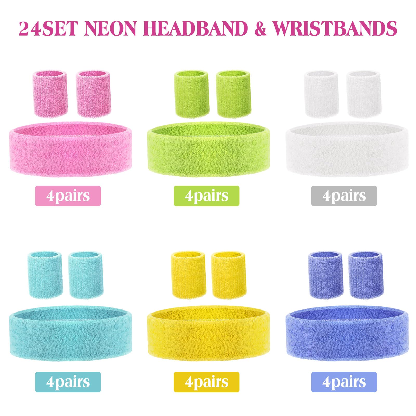 Set di 72 fasce per il sudore fluo anni '80, include 24 fasce sportive e 48 braccialetti per il sudore, per donna e uomo