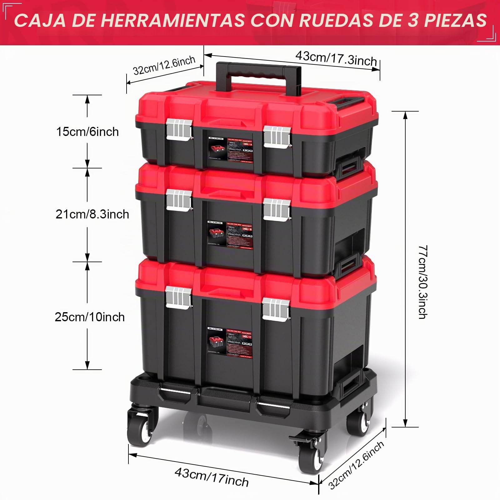 Caja de herramientas portátil AIRAJ Vacía con ruedas, Caja de herramientas apilable de 3 niveles con cerraduras metálicas y organizador, ruedas con bloqueo de 360°, taller rodante, reparaciones