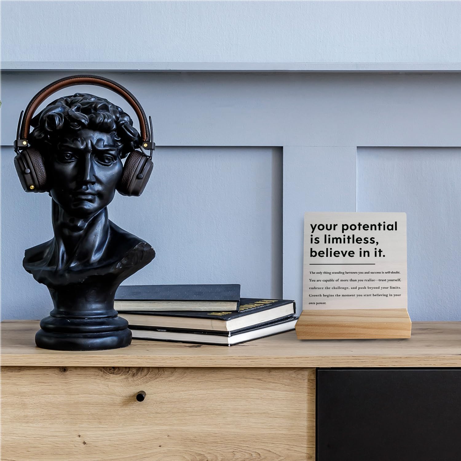 Positive Affirmation Quote Wooden Desk Sign Decor, Inspirational Desk Decor, Your Potential Is Limitless Believe in It Wood Plaque Sign for Home Office Table Shelf Decorations - Image 4