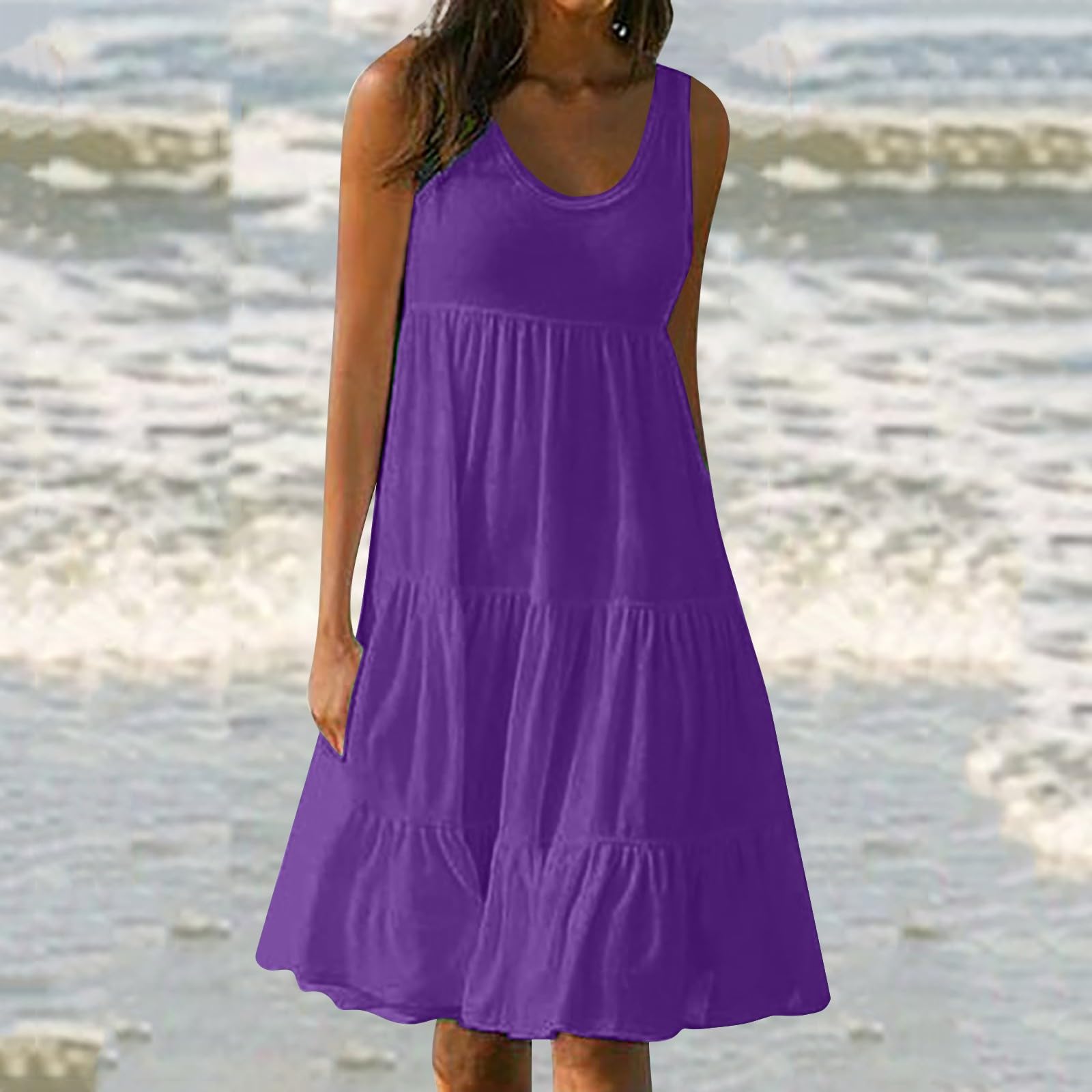 Casual Wrap Abiti Donna Lungo Vita Alta Legato Tinta Unita Girocollo Abito Cotone per le Donne, Viola, L