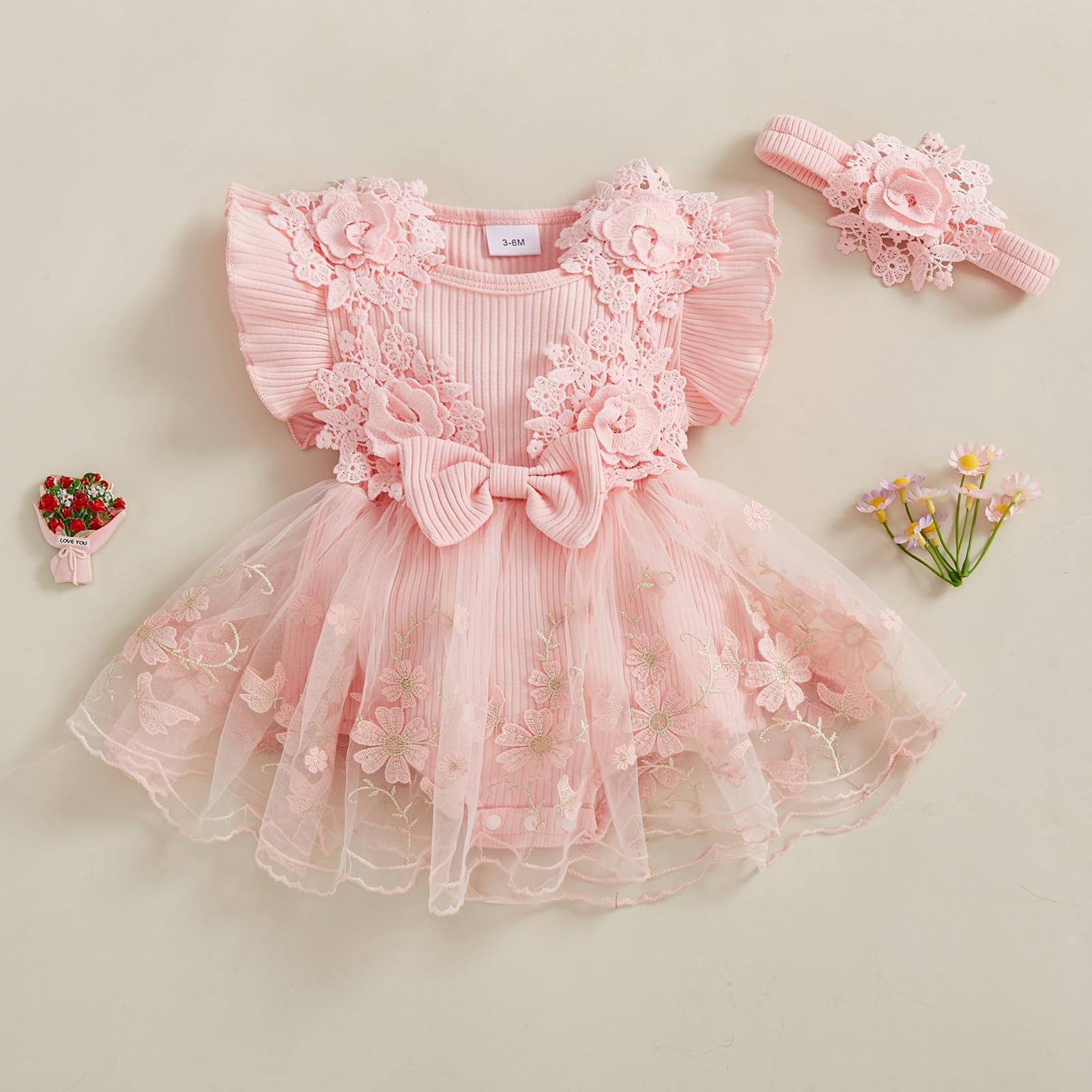 Douhoow Baby Girl Romper Dress Baby Dress Romper Flowers Lace Infant Girl Spring Summer Clothes with Headband (Pink, 0-3 Months)