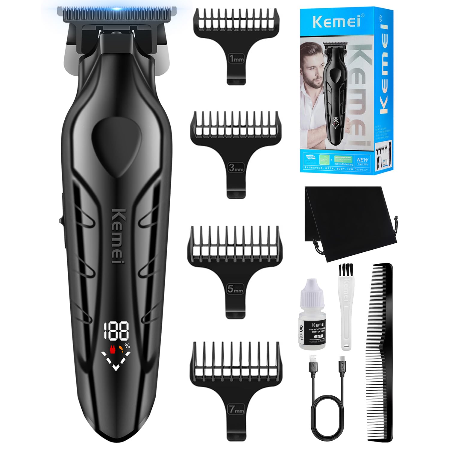 KEMEI 2269 Hair Clippers Men Professional, Electric T-Blade Zero Gap Barber Trimmer, Cordless Beard Trimmer, USB Rechargeable Up to 300 Min Usage with LED Display