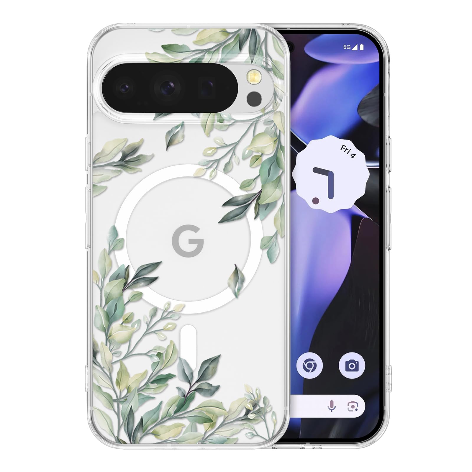 Photo 1 of RALEAVO for Google Pixel 10/10 Pro Case Compatible with MagSafe Clear Floral Cover with Green Leaves Pattern for Girls Women Slim Cute Hard Back Shockproof Phone Case for Pixel 10/10 Pro,Transparent