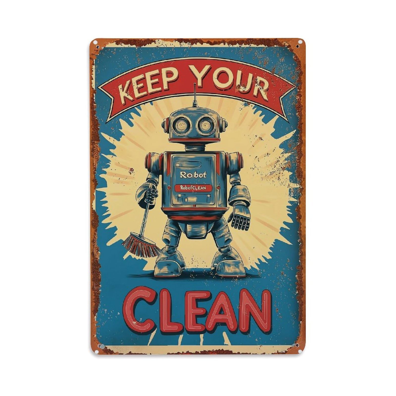 Jdfenggu Vintage Retro Robot Cleaning Poster Art Retro Metal Tin Sign, Decor Art Poster For Bar, Home, Man Cave, Kitchen, Laundry Room Gift 8X12inch