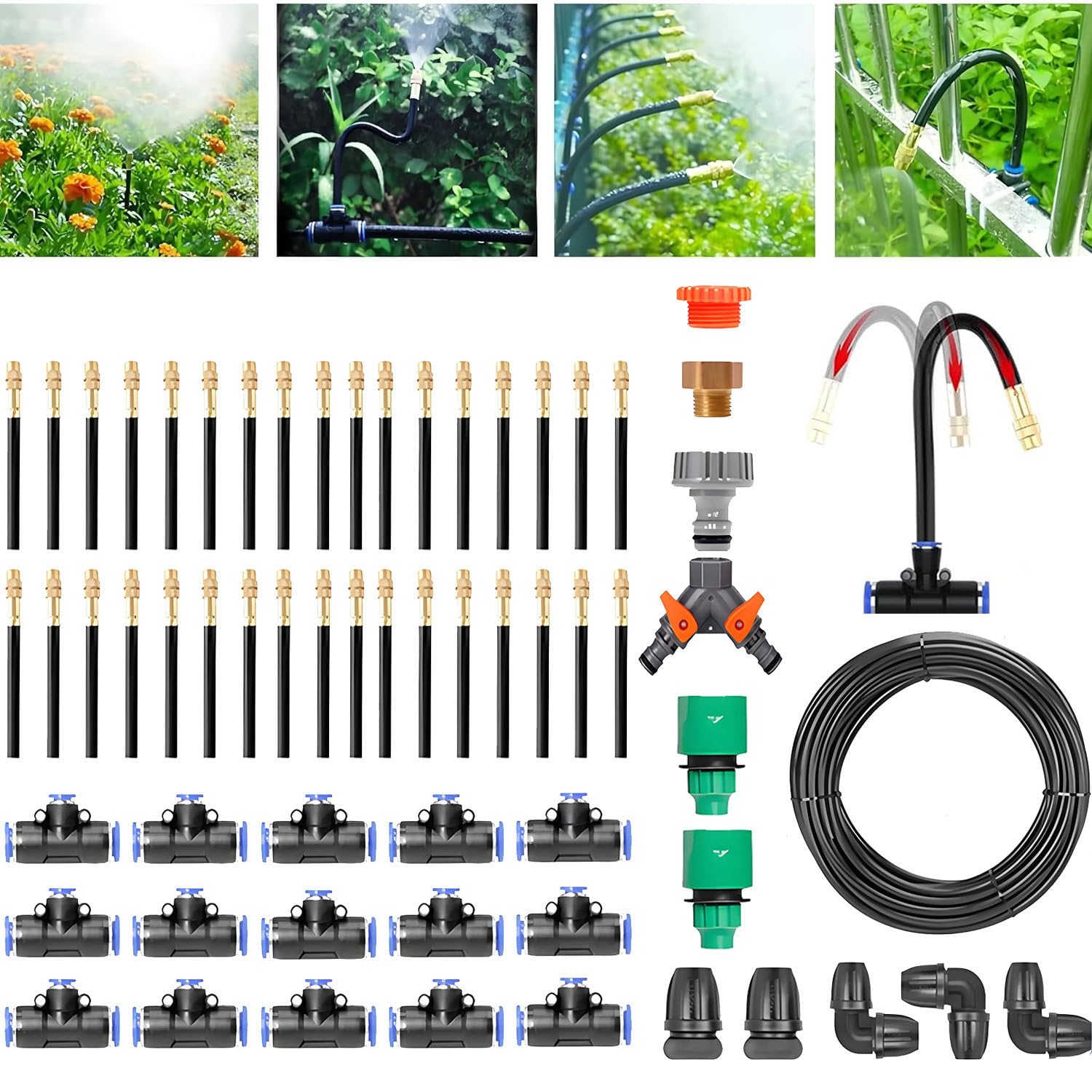 Kit Di Sistem Di Irrigazione Intelligente Completamente Automatico, Con Ugello in Rame Atomizzabile Con Contagocce Regolabile a 360 Gradi E Controller Irrigazione Intelligente,40m/131.2ft-WithoutTimer
