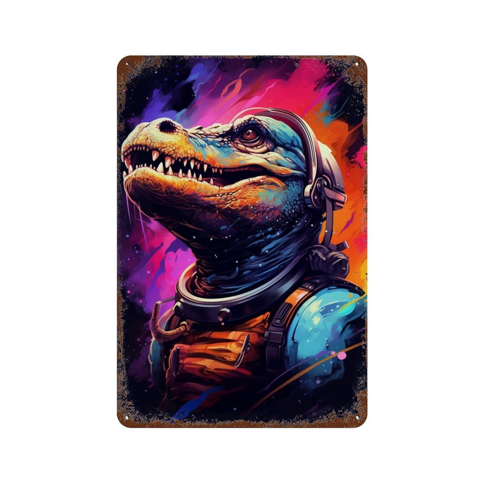 Rust Effect Space Dinosaur Adventure -1 Retro Metal Sign 11.8"x7.9", Farmhouse Wall Decor for Living Room, Hallway And Home Decor