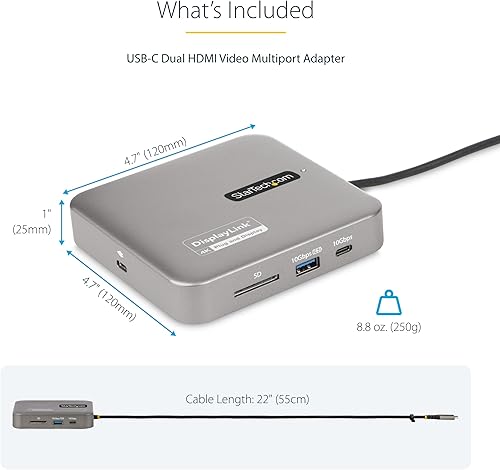 Miniatura 7 de StarTech. com Estación de acoplamiento USB C DisplayLink, Dual 4K 60Hz HDMI Hub para MacBook Pro (M1/M2/M3/M4) y Windows, USB-A/USB-C 10Gbps Hub,