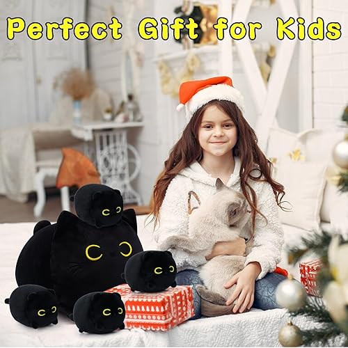 Miniatura 6 de LSYDCARM Juguetes de almohada de peluche de gato negro, almohada de gato negro de 12 pulgadas, muñecas de peluche de gato negro Kawaii con 4 lindos