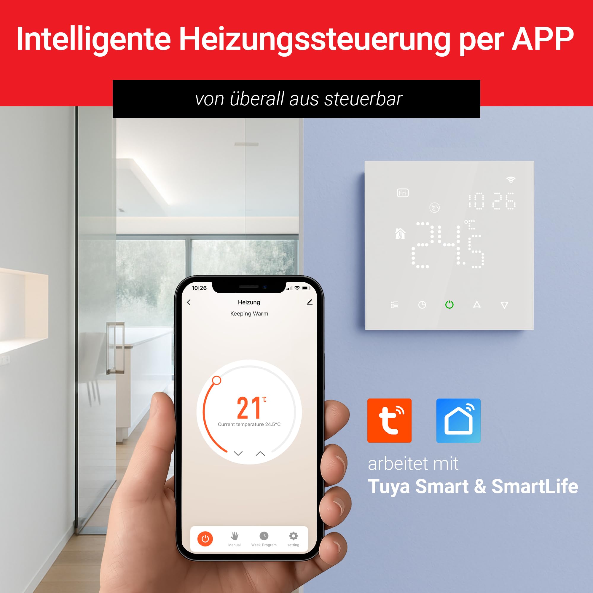 Elektrobock PT741W-EI Raumthermostat mit WiFi | Smartes Thermostat für Fußbodenheizung & Elektroheizung | 6 Programme/Tag | Geofencing & Fenster-Offen-Erkennung | 230V, 16A, Weiß