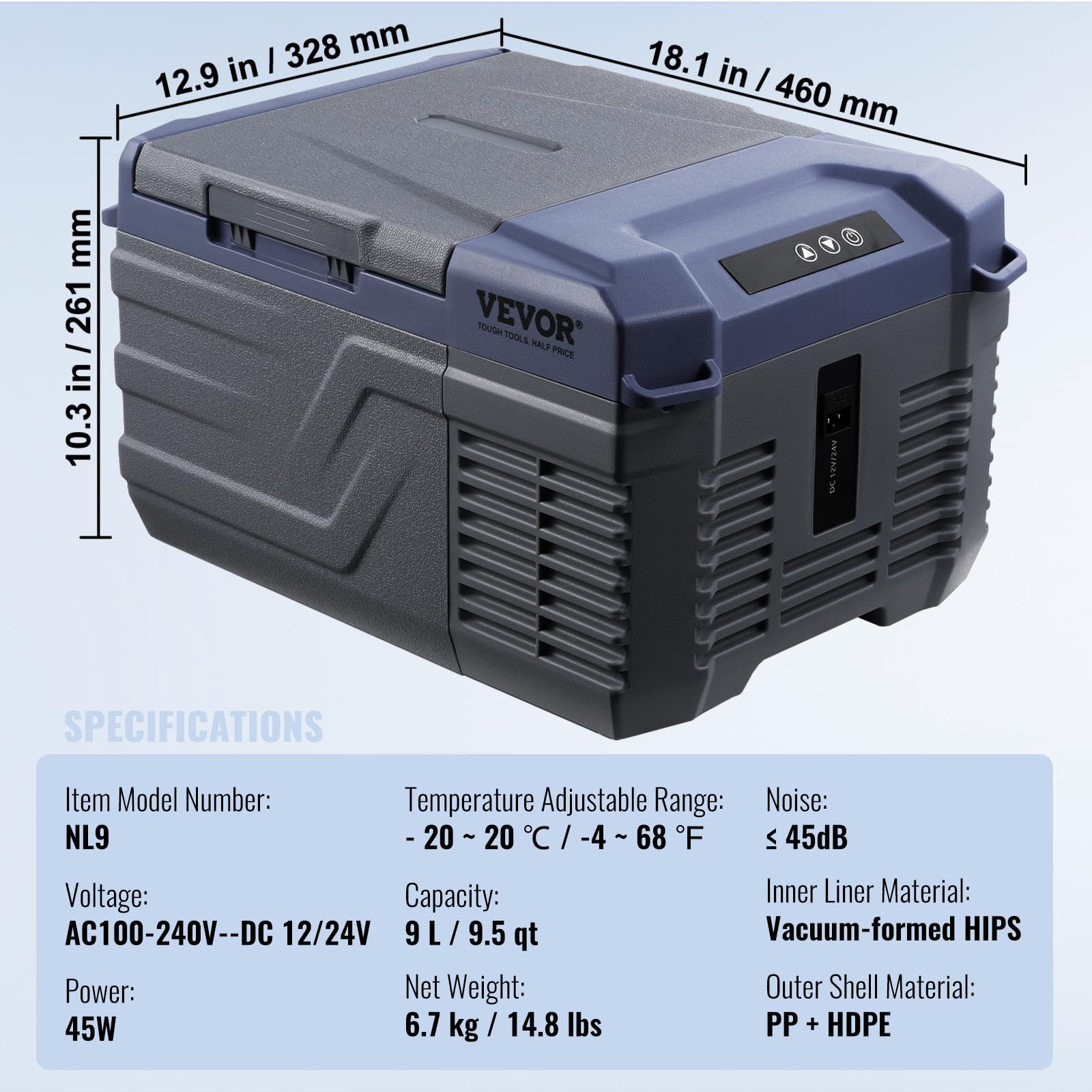 VEVOR Car Refrigerator, 12 Volt Car Refrigerator Fridge, 9 L Single Zone Portable Freezer, -4℉-68℉ Adjustable Range, 12/24V DC and 100-240V AC Compressor Cooler for Outdoor, Camping, RV