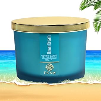 EKAM | 3 Wick Soy Wax Scented Candle | 35 Hours Burn Time | Long Lasting Premium Candles | Ideal for Home D cor, Gifting & Aromatherapy (Ocean Dream 1)
