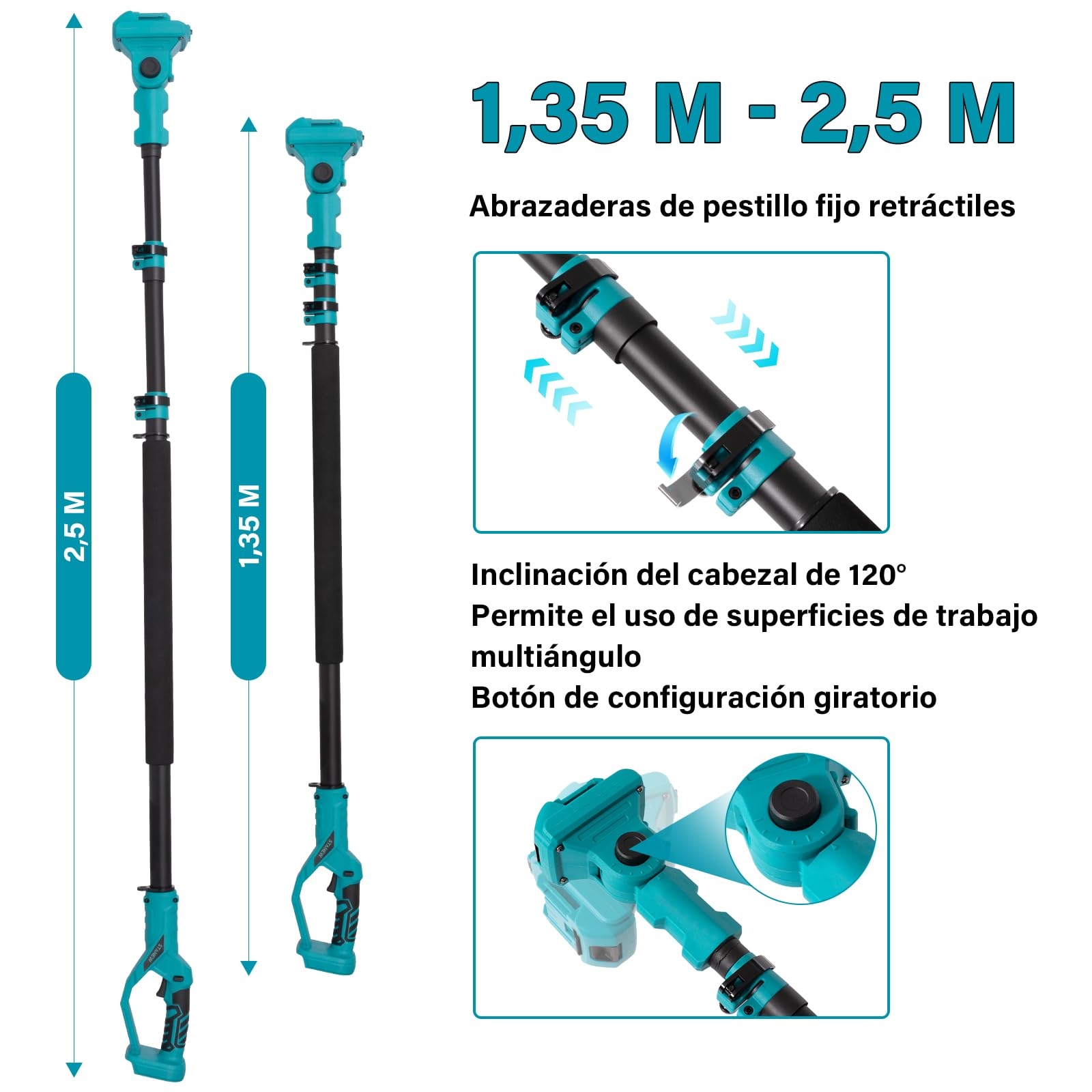 Stanew Motosierra,Batería con 2 Baterías 4000 mAh y 6 Pulgadas | Alcance hasta 4,55 m,Regulación 0-120°,Pantalla LCD,Ideal para Podar Árboles