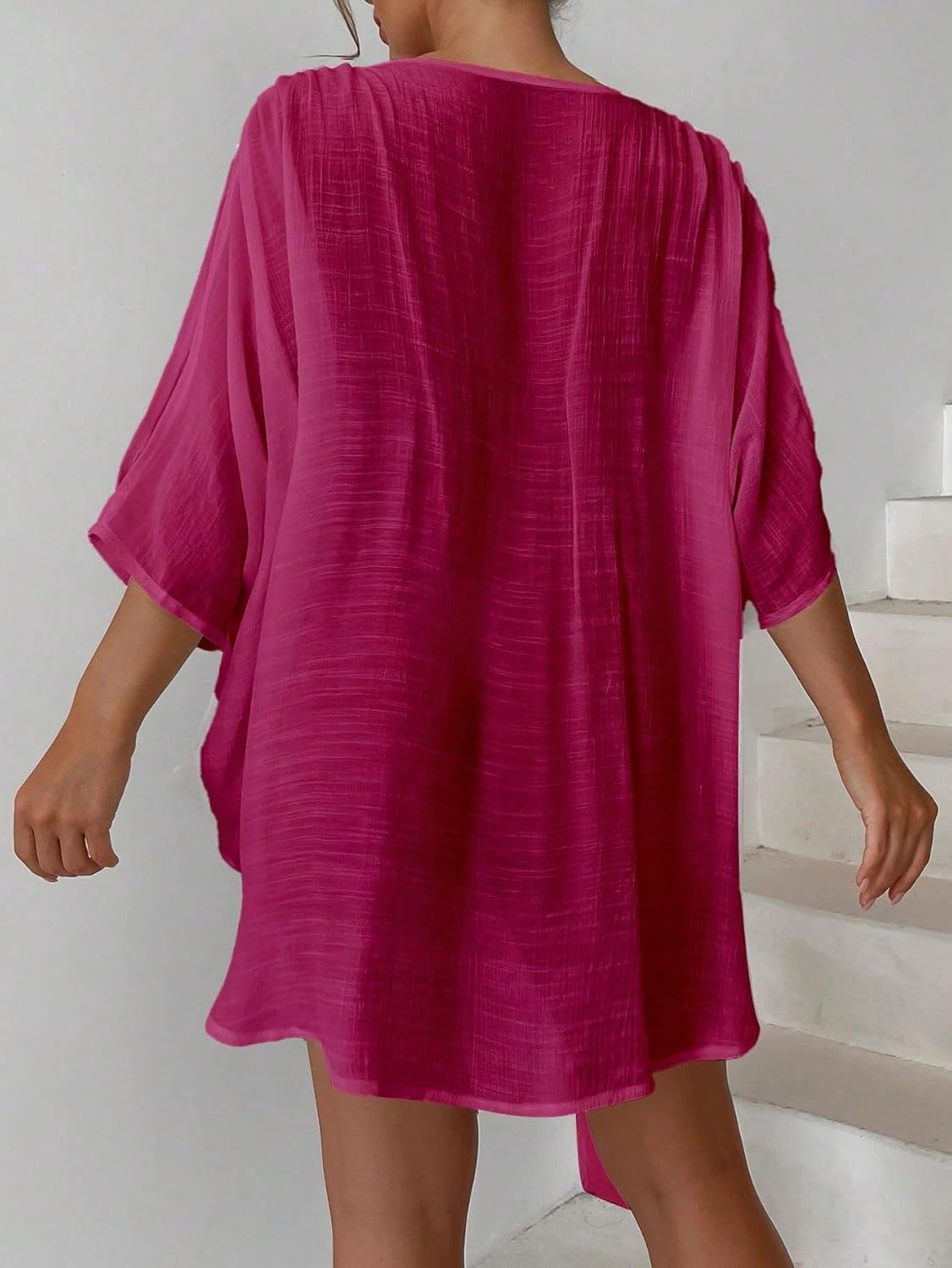 Womens Elegant Loose Solid Color Batwing Sleeve Cover Up For Summer Beach cover ups for swimwear