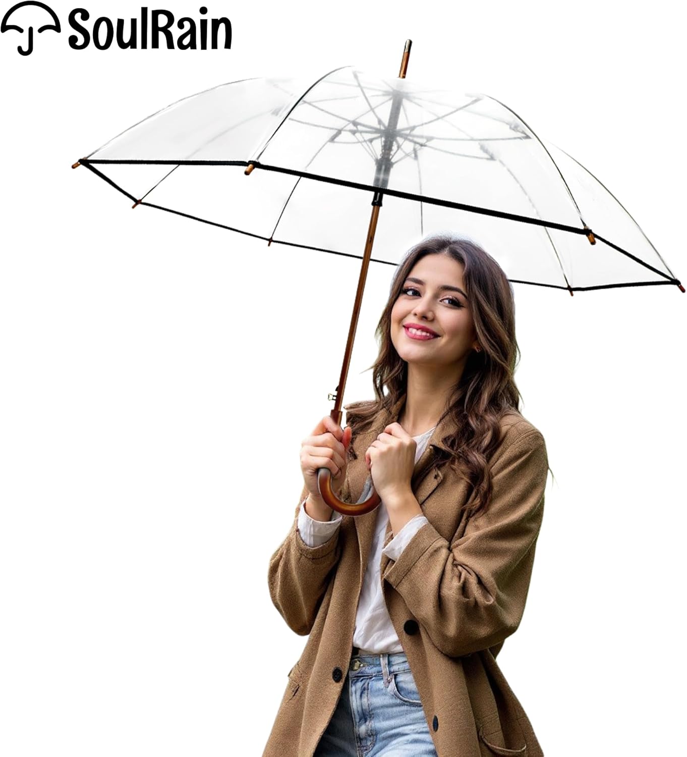 SoulRain 48 Clear Bubble Umbrella – Large Transparent Umbrella for Rain, Windproof & Automatic Open, Wedding Umbrellas for Women & Men, Vintage Stick Cane with Wooden Handle(Clear)