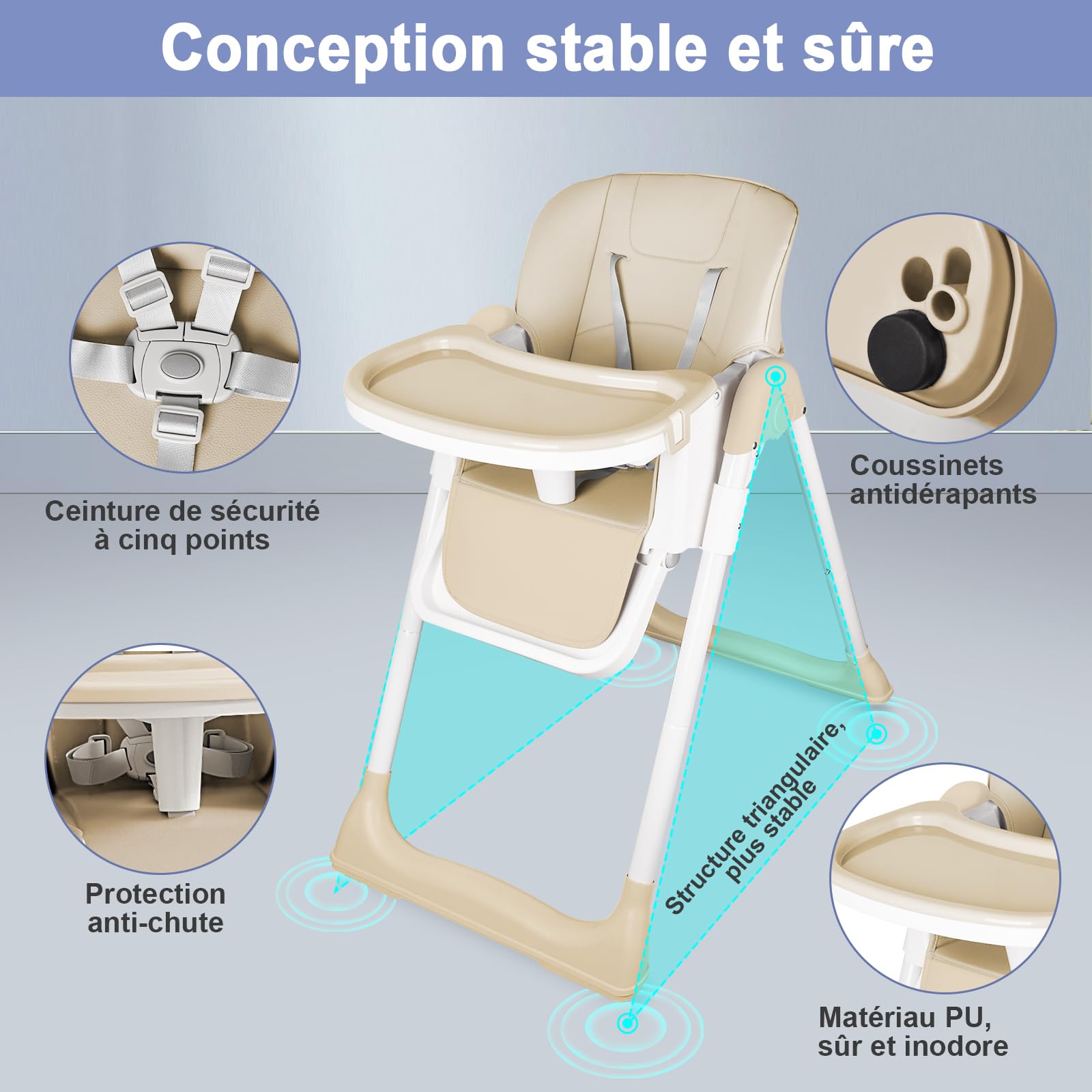 Chaise Haute Bébé, Chaise Haute pour Bébé con Double Plateau Détachable, 5 Positions de Hauteur, 4 Positions de Dossier, Chaise Haute Pliable de 6 à 36 mois