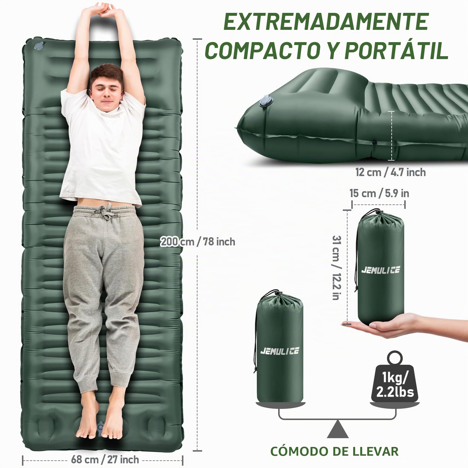 Esterilla Camping, Colchones Camping Autohinchable, Ultraligera, Colchón de Aire Hinchable para Camping, Portátil y Plegable, Almohadilla para Dormir de Acampada para Exteriores, Senderismo