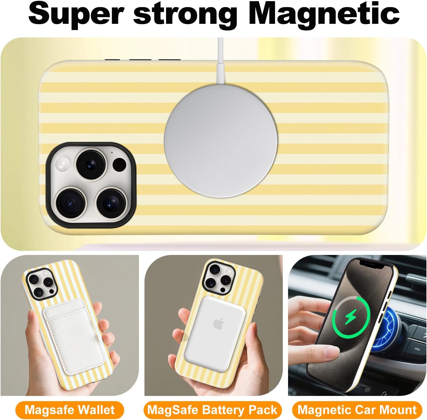 Magnetic for iPhone 13/14 Case Cute Stripes Phone Case, Yellow image 4