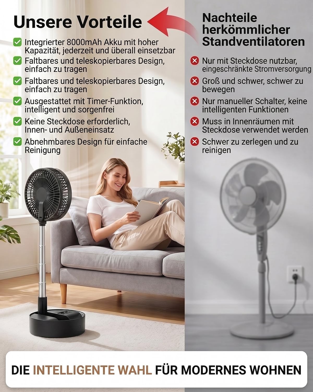 Leise 8" Tragbarer Standventilator mit Fernbedienung, 8000mAh Akku Aufladbar USB C Tischventilator, 5 Geschwindigkeitsstufen, 90°/120°-Oszillation, 1–8-Stunden-Timer, für Schlafzimmer(Schwarz)