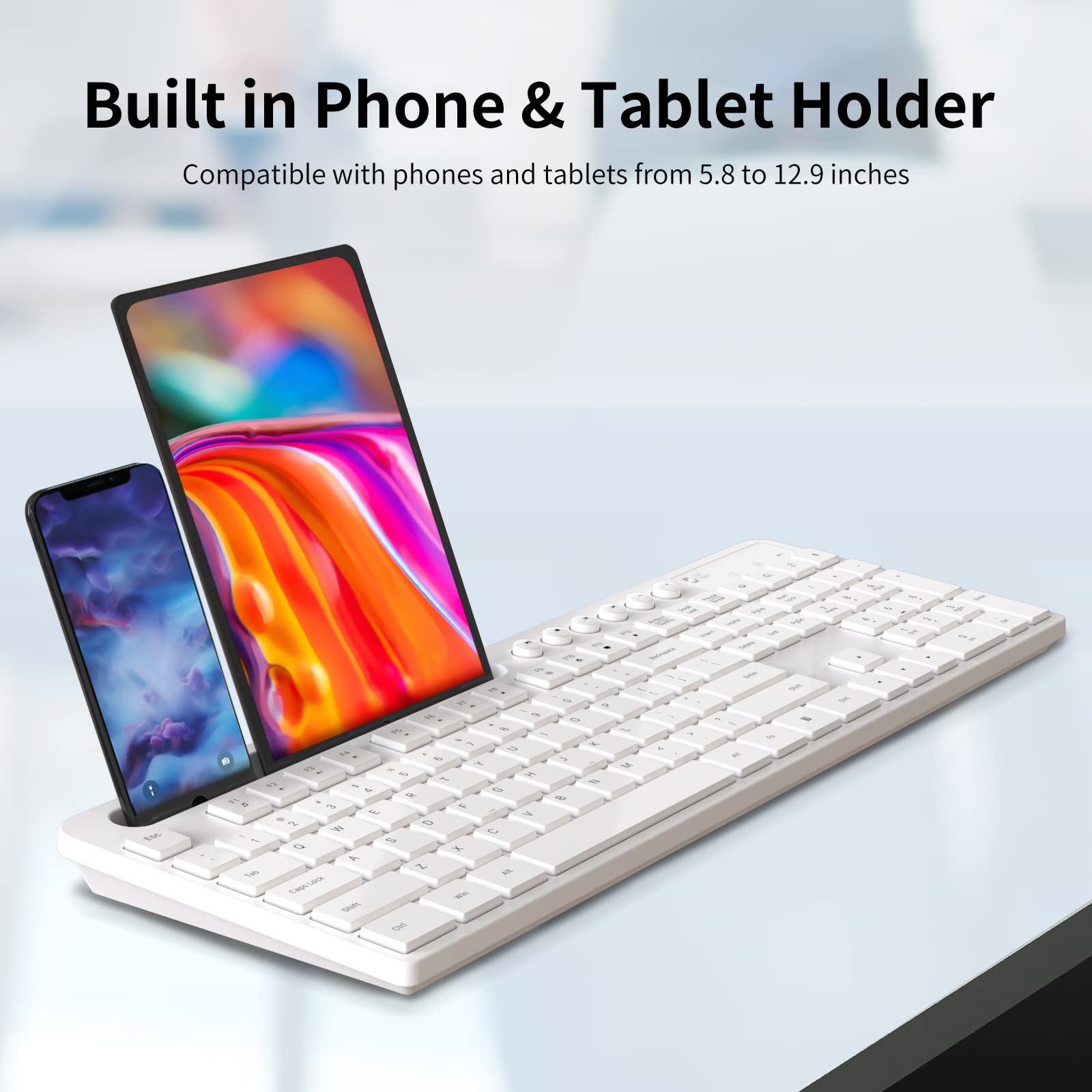 Wireless Keyboard and Mouse Combo, MARVO 2.4G Ergonomic Wireless Computer Keyboard with Phone Tablet Holder, Silent Mouse with 6 Button, Compatible with MacBook, Windows (White) image_2