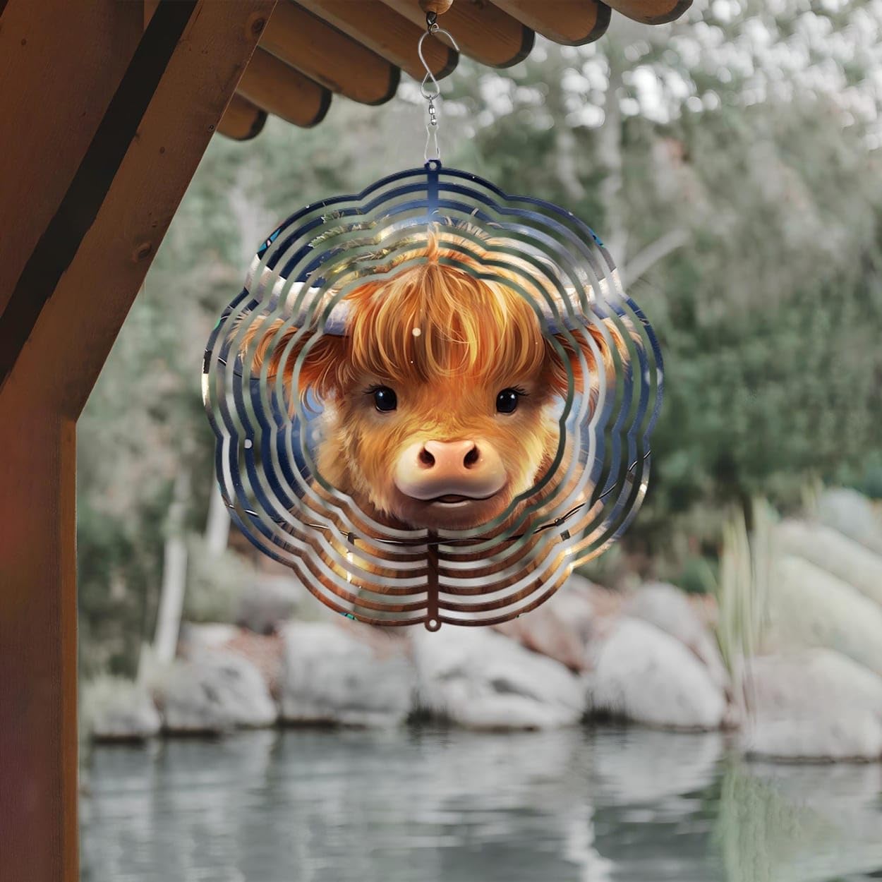 Highland Cow with Light Christmas Wind Spinners 3D Stainless Steel Laser Cut Metal Double Sided Printing-Hanging Indoor/Outdoor Decorations Yard Gardening Decor,Metal Kinetic Art 14x14 inches