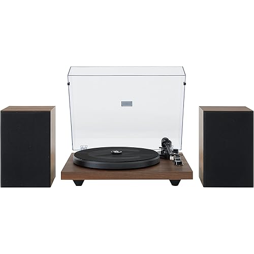 Crosley C62C Turntable HiFi System Record Player with Speakers, Adjustable Tonearm, Moving Magnet Cartridge, Bluetooth Receiver, 40W Per Channel, and Anti-Skate, Walnut