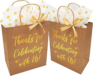Gift Bags Medium Size with Matching Tissue and Ribbons -"Thanks for Celebrating with Us" Holds Bottles & Goodies, Brown Pa...