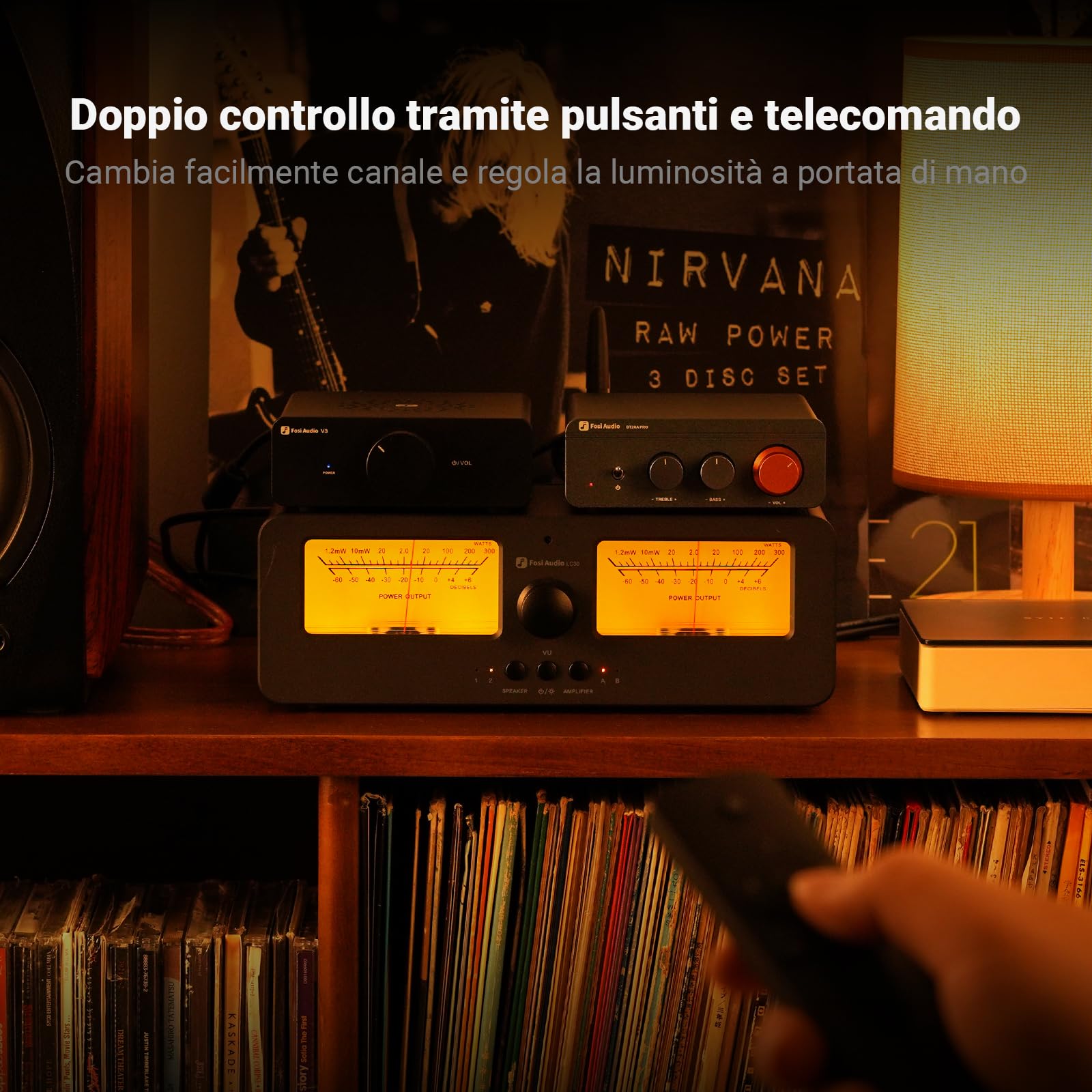 Fosi Audio LC30 Dual VU Meter Audio Visualizer, Commutatore 2 Ingressi 2 Uscite Vintage per Amplificatori Stereo ad Alta Potenza, Componente per Home Theater, Completo di Telecomando