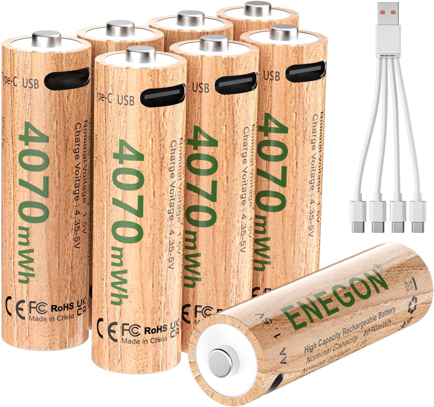 Rechargeable AA Lithium Batteries 8-Pack, 1.5V 4070mWh High Capacity Battery with 4-in-1 USB-C Cable, Long Lasting for High-Drain Devices, 500+ Charge Cycles.