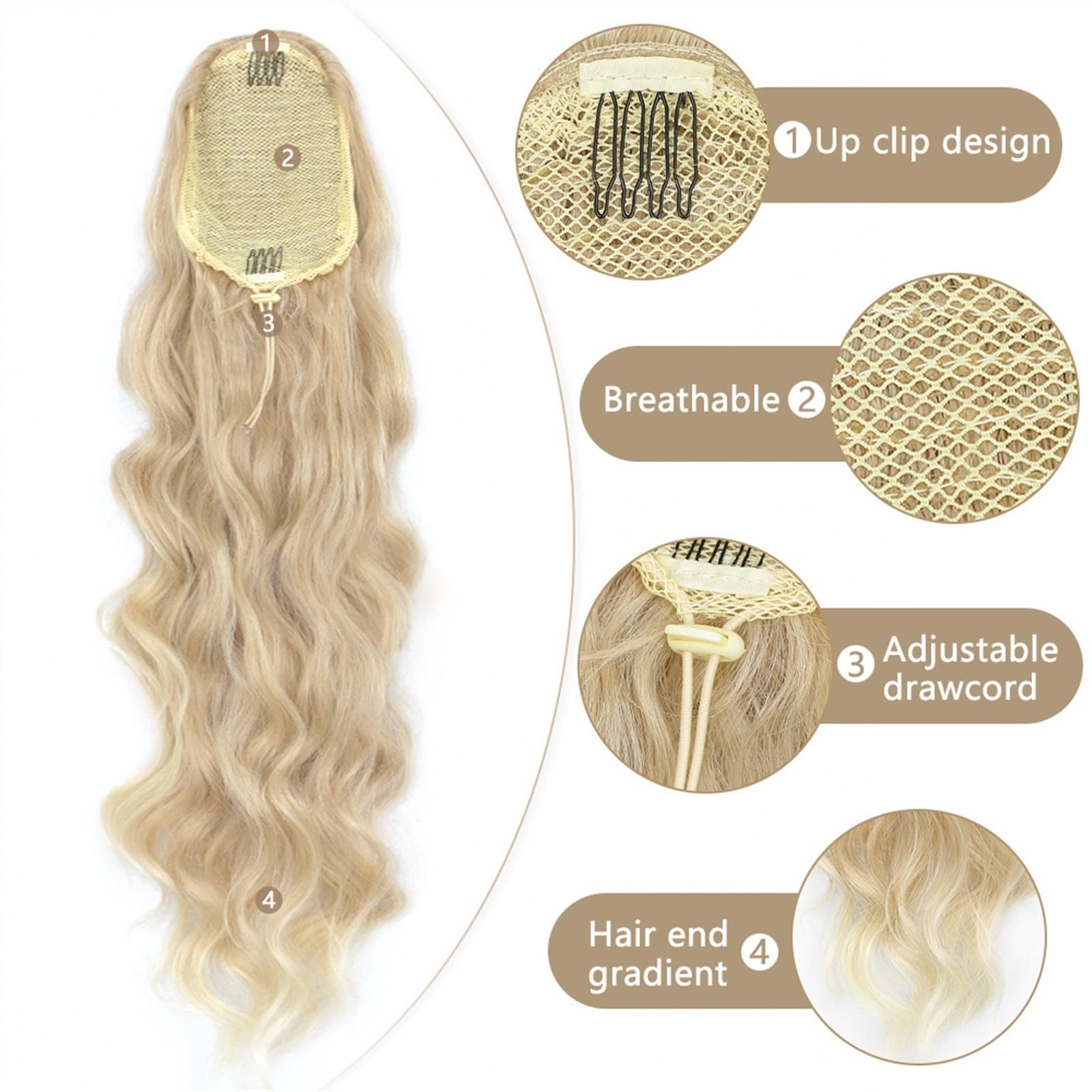 Extensión de la cola de caballo 26 "Cuerpo largo Ondulado Cordón Cola de caballo Clip suave natural en Extensión de cola de caballo Extensiones de cabello sintético resistente al calor Postizo for muj