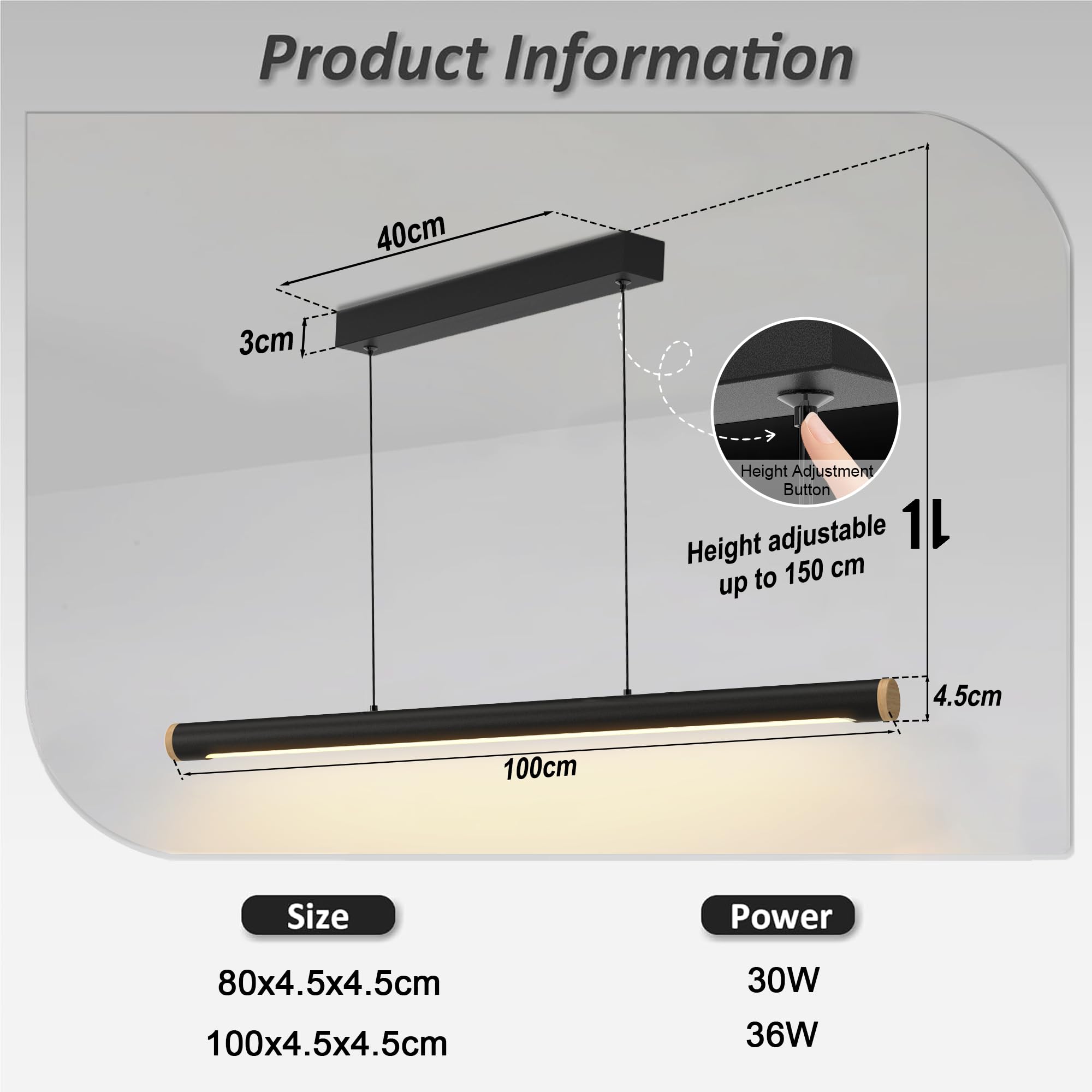 FANLG LED Pendelleuchte Esstisch 100cm/38W, Hängelampe Dimmbar 3000K-6000K | Lineare Pendelleuchte schwarz Hängelampe Esstisch Lampe hängend 150cm Höhenverstellbar Hängeleuchte für Esszimmer Küche