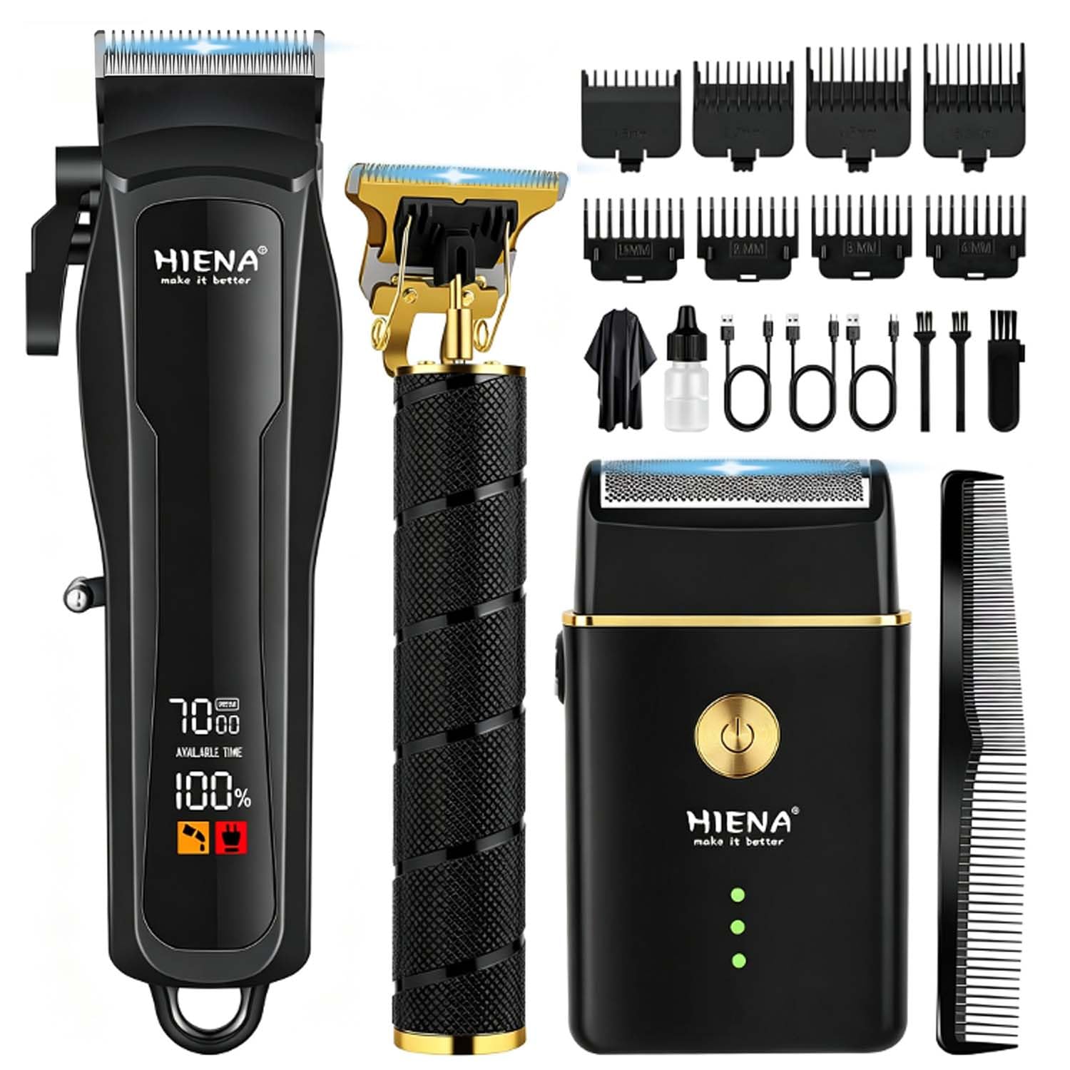 HIENA PRO Professional Hair Clipper Set for Men, Cordless Barber Clippers Set and Trimmer Kit, USB Rechargeable Electric Beard Trimmer Foil Shaver & Men's Facial Grooming Tool Kit, Gifts for Men