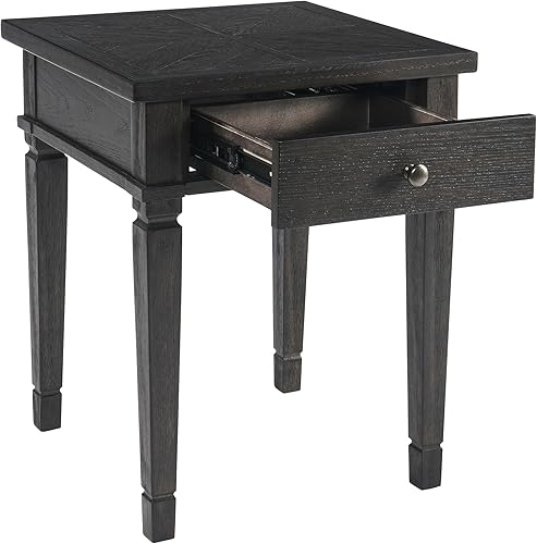 MODERION Mesa auxiliar cuadrada con cajón grande, mesa auxiliar de sofá de granja con diseño de textura tallada en hojas y patas talladas, mesa de