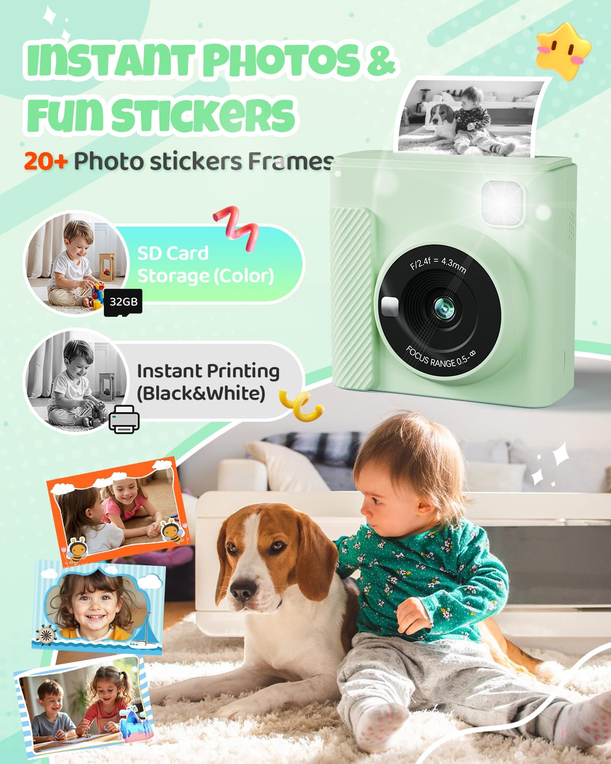 TIATUA Macchina Fotografica Bambini Istantanea, 2.4 Pollici 1080P Fotocamera Digitale Bambini con 32GB Scheda & Papier Photo, Regalo di Natale per Bambini dai 3-12 Anni
