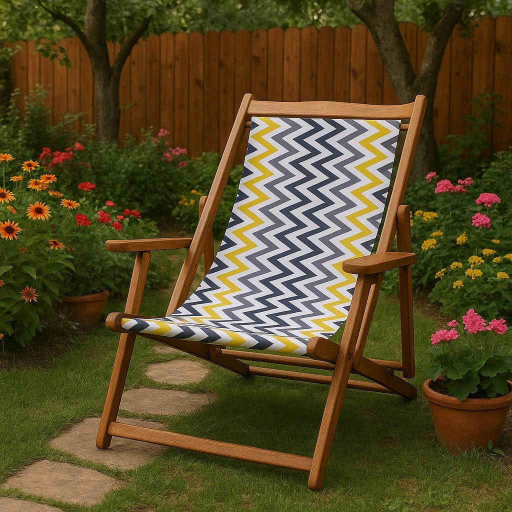 ROYAL BHARAT Wooden Folding Portable Relaxing/Garden/Outdoor Easy Chair with Teakwood Polish & Cotton Canvas Cloth Zigzag Design (Zigzag - Design)
