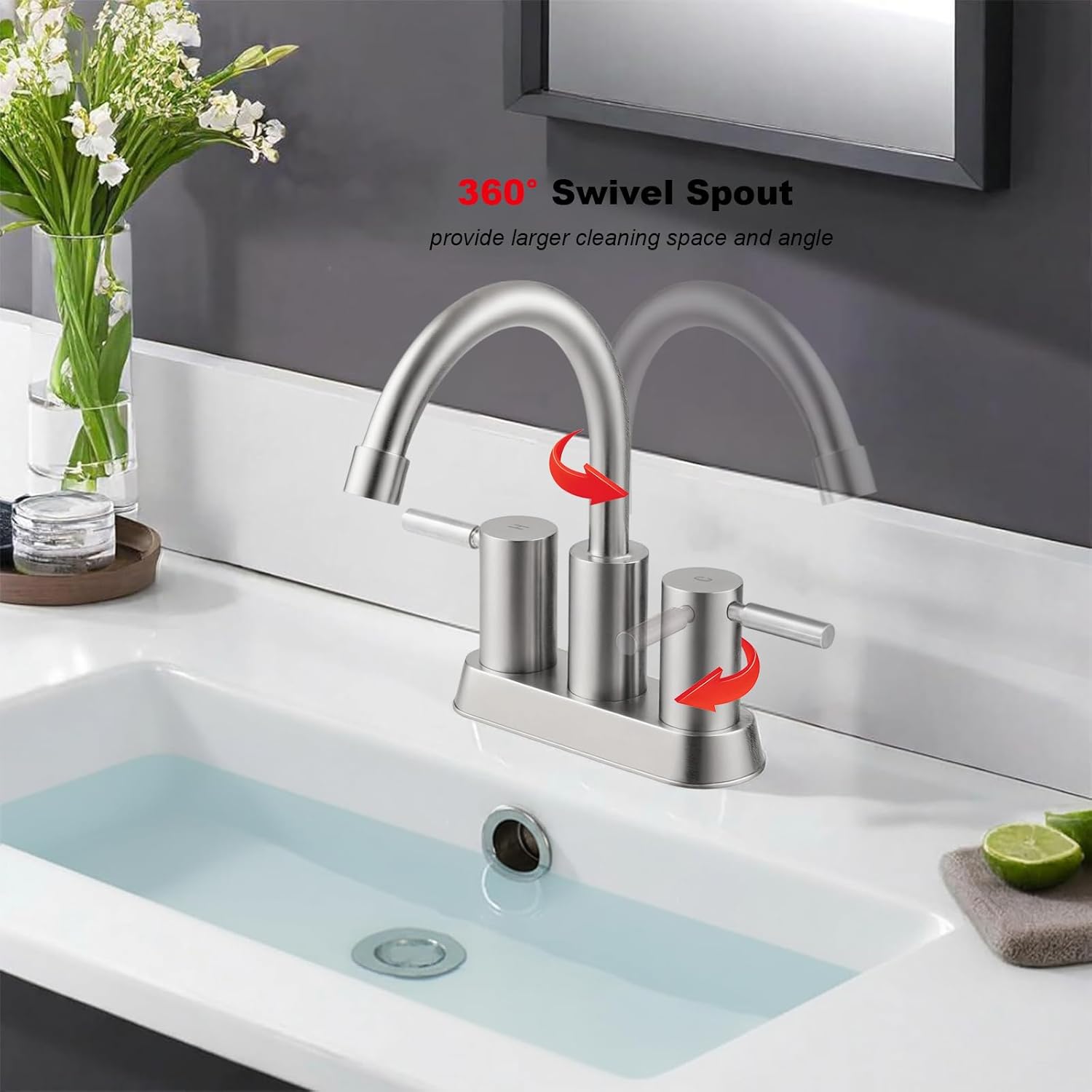 IKEBANA Brushed Nickel Bathroom Faucet, 2 Handle Bathroom Sink Faucets Centerset, 360° Swivel High-Arc Spout Modern 4 inch Bath Faucet Lead-Free for Vanity Lavatory with Pop-up Drain & Water Hoses