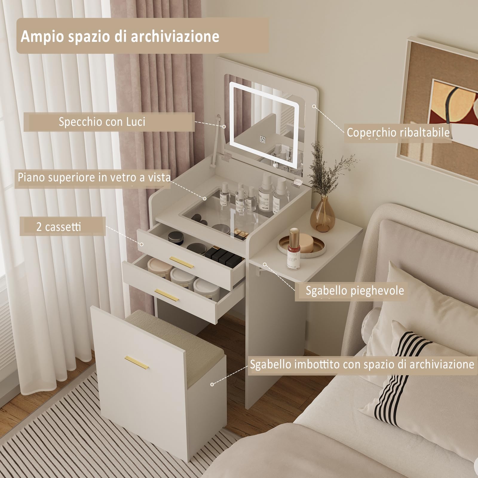 YU YUSING Toeletta 3 in 1 con Specchio LED Ribaltabile, Toeletta Trucco con Sgabello Contenitore, Postazione Trucco, Tavolo Trucco Salvaspazio, 2 Cassetti e Ripiano in Vetro, Bianca