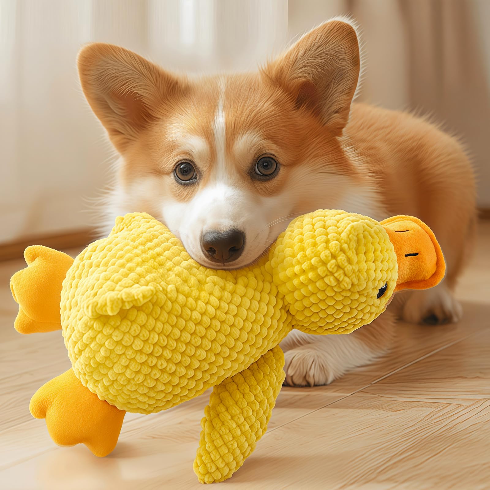 EduPlayte Anti-stress Duck Dog - Chew Toy for Dogs for Aggressive Chewers, Anti-Stress Duck, Yellow Squeaky Toy, Interactive for Dogs, Pet Plush Chew, Small Medium Puppy, 25cm