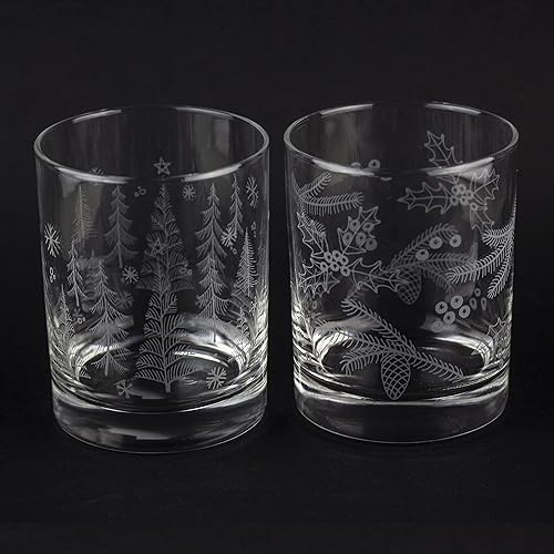 Susquehanna Glass Company Happy Holiday's Glassware, envoltura de árbol de invierno y envoltura de acebo y pino, 14 onzas, doble en las rocas,